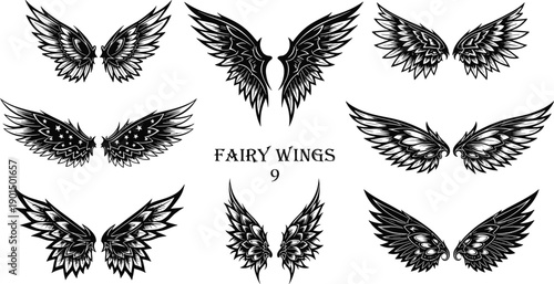 Fairy wings silhouette set, fantasy design collection, black decorative wing art, mythical illustration, magical character accessory, tattoo inspiration, fantasy motif artwork