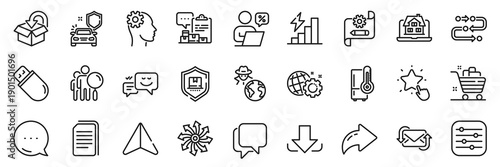 Methodology, Versatile and Fraud line icons pack. Share, Message, Paper plane icons. Car secure, Engineering, Usb stick web icon. Happy emotion, Refresh mail, Talk bubble pictogram. Vector