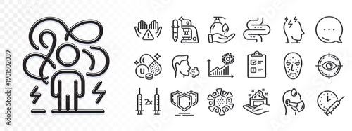 Coronavirus vaccine, Sick man and Vitamin u line icons for web app. Glare of light effect. Message icon. Pack of Face biometrics, Skin care, Clean hands pictogram icons. Vector
