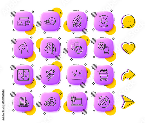 Fitness, Pets care and Buildings line icons. App 3d buttons. Social media comment, share, like icons. Pack of Sun protection, Refresh bitcoin, Clean skin icon. Vector