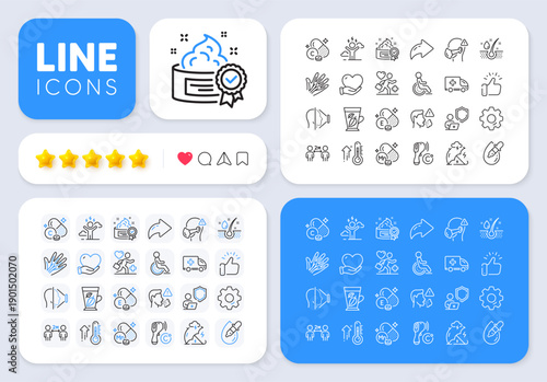 Shield, High thermometer and Social distancing line icons for web app. Message, Share, Like social media icons. Pack of Face id, Disability, Manganese mineral pictogram icons. Vector