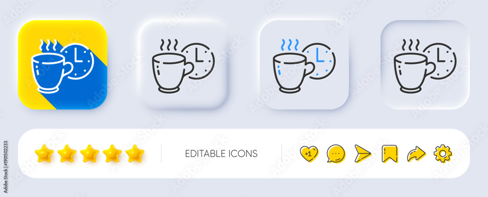 Fototapeta premium Coffee break line icon. Neumorphic, Flat shadow, 3d buttons. Breakfast hot tea sign. Coffee time symbol. Line coffee break icon. Social media icons. Vector