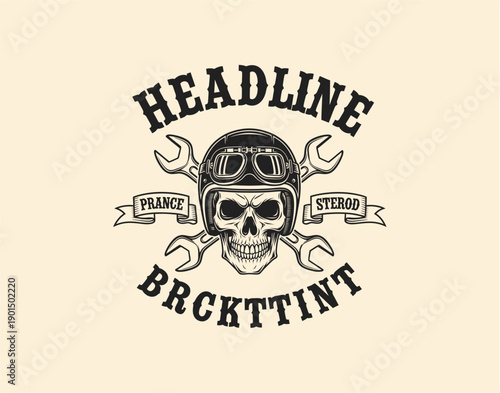 Vintage skull emblem featuring goggles and wrenches in a classic typographic design