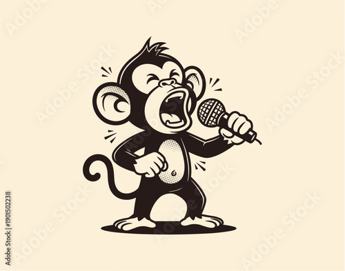 A cartoon monkey sings into a microphone with energetic expression and dynamic movement.