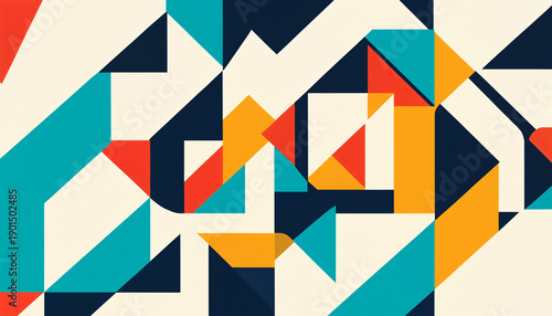 dynamic geometric mosaic with interlocking triangles and rectangles in a primary color palette of blue red orange and yellow.