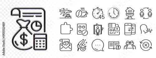 Medical tablet, Puzzle and Elevator line icons for web app. Glare of light effect. Message icon. Pack of Time, Love letter, Coffee cup pictogram icons. Hypoallergenic tested, Card, Facts signs. Vector