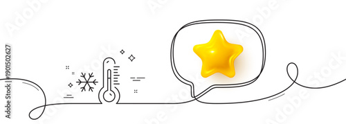 Low thermometer line icon. Continuous line with 3d star. Temperature diagnostic sign. Fever measuring symbol. 3d star in speech bubble. Low thermometer single line ribbon. Loop curve pattern. Vector