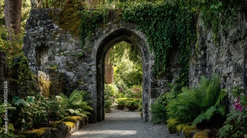 Wallpaper Mural Historic stone arch framing a lush garden courtyard Torontodigital.ca