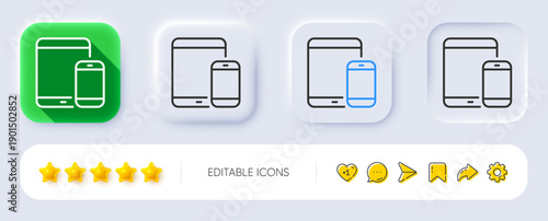 Mobile Devices icon. Neumorphic, Flat shadow, 3d buttons. Smartphone and Tablet PC signs. Touchscreen gadget symbols. Line mobile devices icon. Social media icons. Vector
