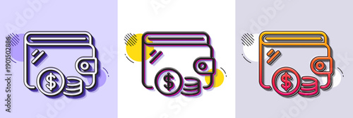 Wallet line icon. Halftone dotted pattern. Gradient icon with grain shadow. Dollar currency coins sign. Money trade symbol. Line wallet icon. Various designs. Vector