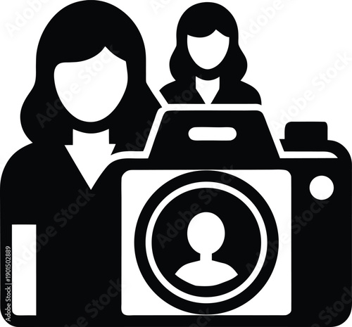 Photographer Icon Featuring Woman With Camera And Portrait