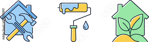 Home improvement, renovation, and eco-friendly living icons on white background
