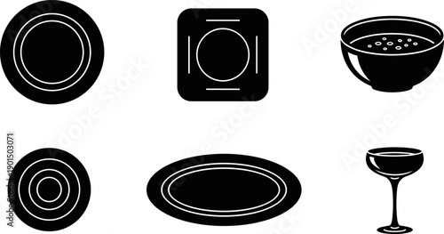 Collection of simple black icons representing various tableware and serving dishes