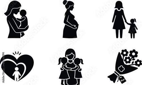Silhouette icons of motherhood love and family relationships in black and white