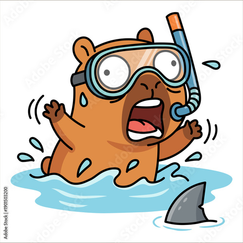 Funny capybara snorkeling afraid of shark fin in water, scared cartoon rodent character with diving mask, summer humor and ocean adventure, cute vector illustration on white background.