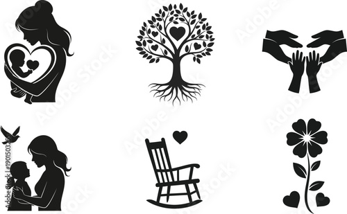 Collection of heartwarming family and love themed black silhouettes