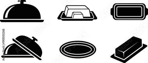 Collection of simple black icons representing food service and kitchenware items