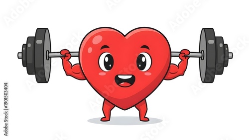Cartoon heart lifting weights with a smile and muscular arms  