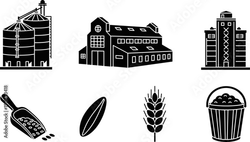 Collection of agricultural and industrial icons representing grain storage and processing