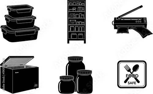 Collection of kitchen storage and food preservation equipment icons