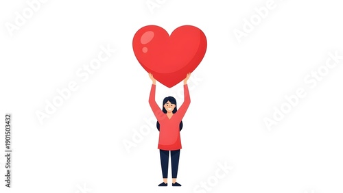 Young woman holding large red heart balloon on plain background  