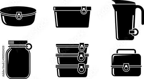Collection of black and white icons representing food storage containers and a pitcher