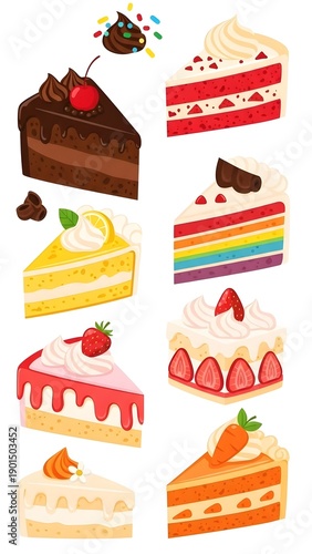Colorful slices of cake with various flavors and toppings  