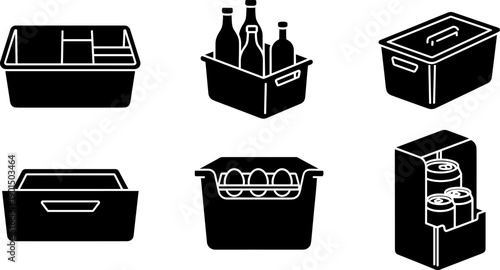 Collection of black and white icons representing various storage containers and organizers