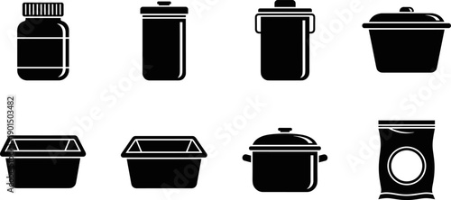 Collection of black container icons including jars, pots, bins, and packaging