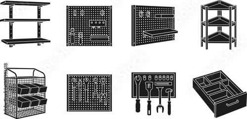 Collection of garage and workshop storage solutions and tools for organization