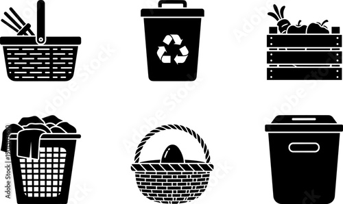 Collection of six black icons representing different types of containers and storage solutions