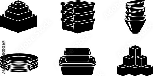 Collection of black and white icons representing various storage containers and dishes