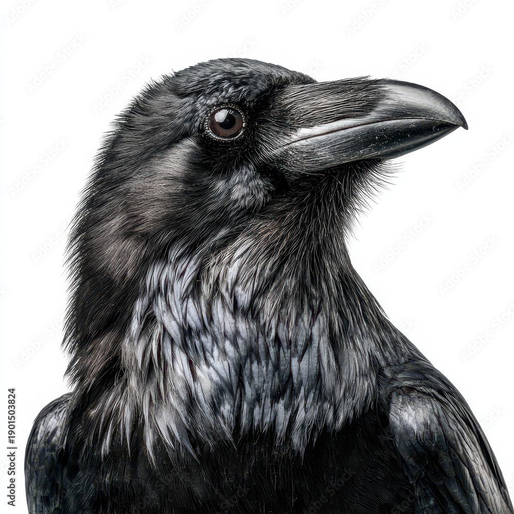 Fototapeta premium Close-up portrait of a black raven against a clean white backdrop