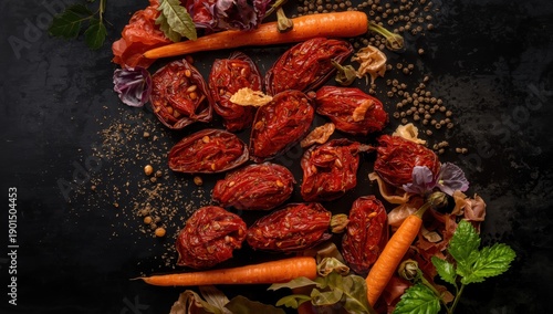 Wallpaper Mural Delicious sundried tomatoes, fresh veggies, and peppercorns arranged on a black table from above Torontodigital.ca