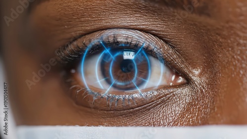 African woman with brown eyes wearing a face mask undergoes biometric scanning as digital graphics display access confirmation in a high-tech environment