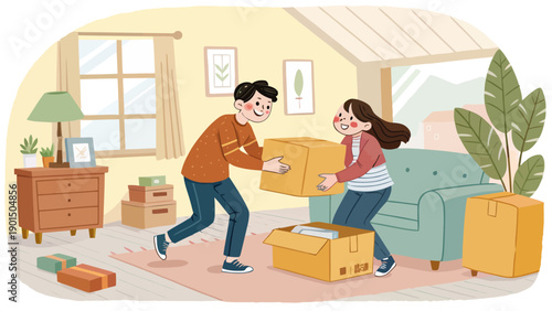 Happy couple moving into a new apartment, unpacking boxes together with a smile, illustration
