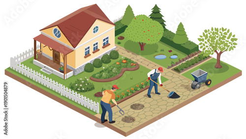 Men landscaping a garden and paving a pathway in front of a charming house, isometric illustration