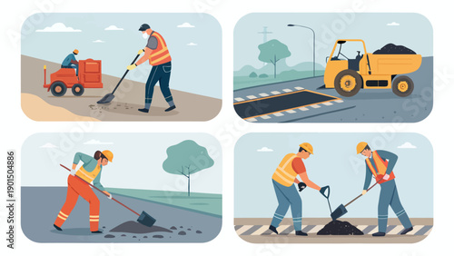Road construction workers applying asphalt and compacting surfaces, four panel illustration