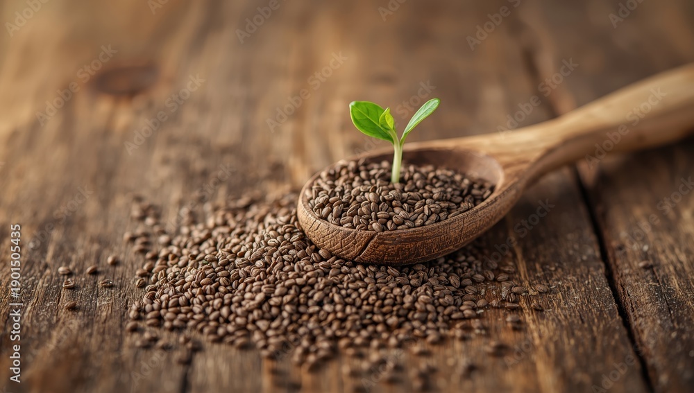 Fototapeta premium wooden spoon with chia seeds and sprouting plant