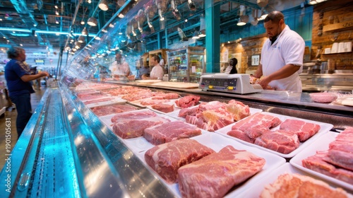 Wallpaper Mural Shopper selecting marbled beef and other cuts at a refrigerated meat display Torontodigital.ca