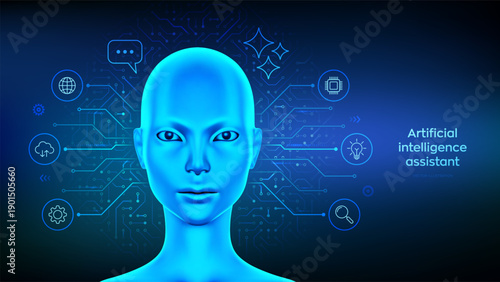 AI-powered chatbot. Artificial intelligence assistant concept. AI assistant. Smart virtual assistant application. AI agent. Cyborg woman head on circuit board pattern background. Vector illustration.