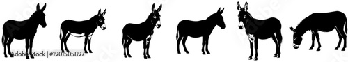 A set of six silhouettes of donkeys standing in a row, animal, antler, black, donkey, illustration, moose, profile, against transparent background