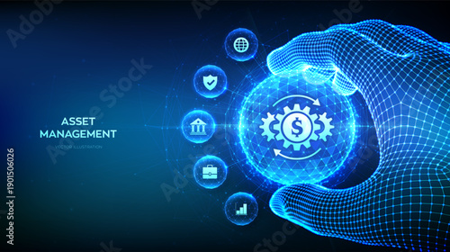 Asset management icon in wireframe hands. Business investment banking payment technology concept. Asset management icon inside glowing sphere in wireframe hand. Vector illustration.