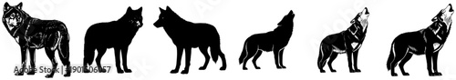 A set of six silhouettes of wolves in various poses, all in black and white, animal, black, illustration, profile, stand, against transparent background