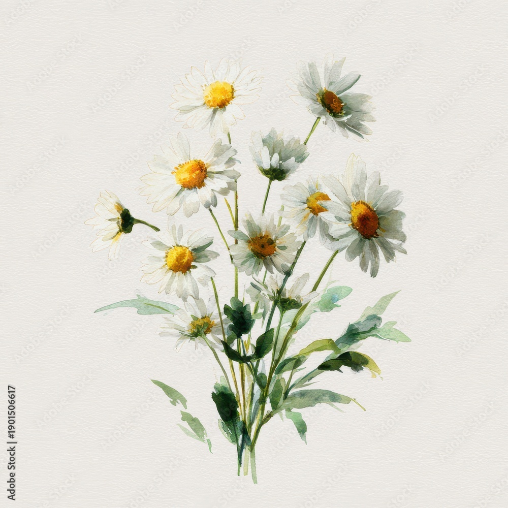 Obraz premium Hand-painted chamomile arrangement in pastel tones against a white canvas background