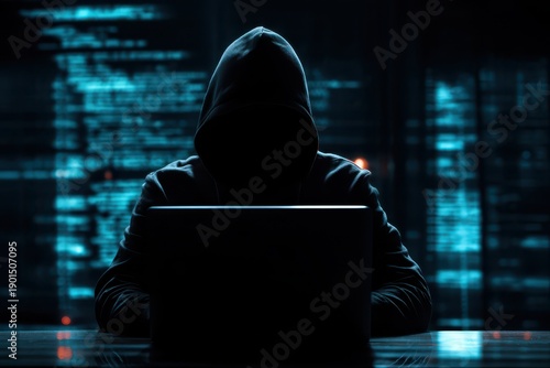 Wallpaper Mural Dimly lit scene of a masked hoodie silhouette guarding digital information at a laptop Torontodigital.ca