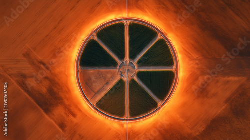 Aerial view of circular irrigation system in field at sunset, smart agriculture and water management concept, glowing geometric farm landscape from above