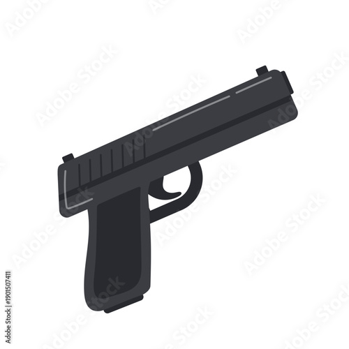 Black pistol. Weapon used by police or criminals, hot weapon. Hand drawn flat vector illustration. Gun icon.