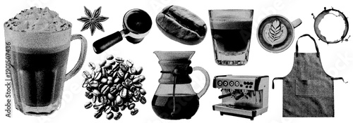 Set of coffee shop halftone grunge vector design elements