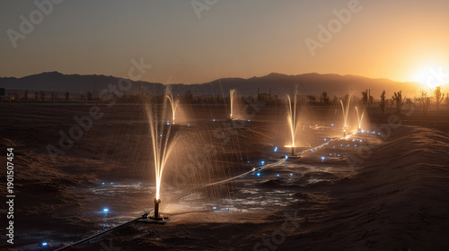 Smart irrigation system in desert oasis at sunset, futuristic water sprayers with glowing blue sensors, agrotech and desert reclamation concept